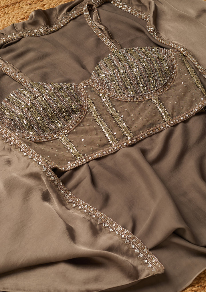 Grey Georgette Zariwork Jacket Kurta With Palazzo And Dupatta