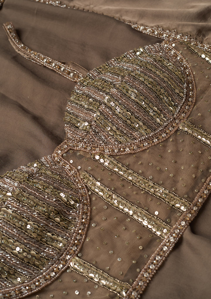 Grey Georgette Zariwork Jacket Kurta With Palazzo And Dupatta