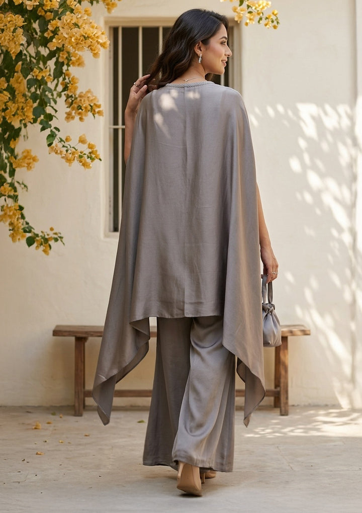 Grey Georgette Zariwork Jacket Kurta With Palazzo And Dupatta