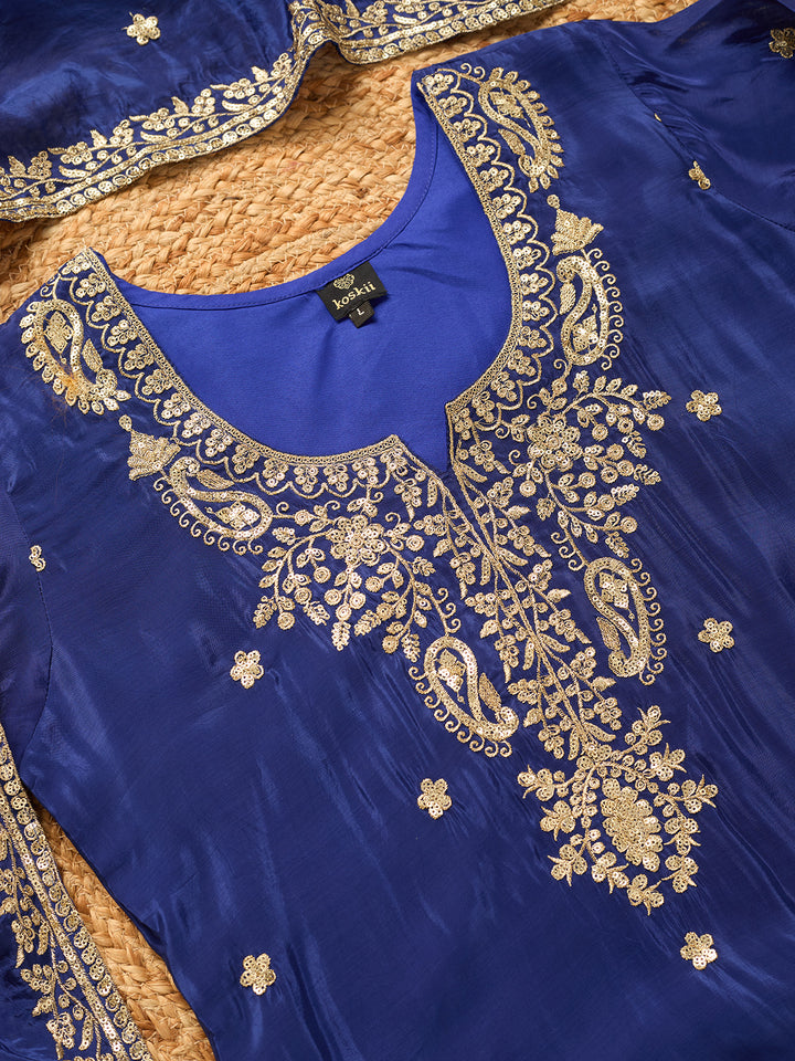Royal Blue Crepe Sequins Straight Kurta With Sharara And Dupatta
