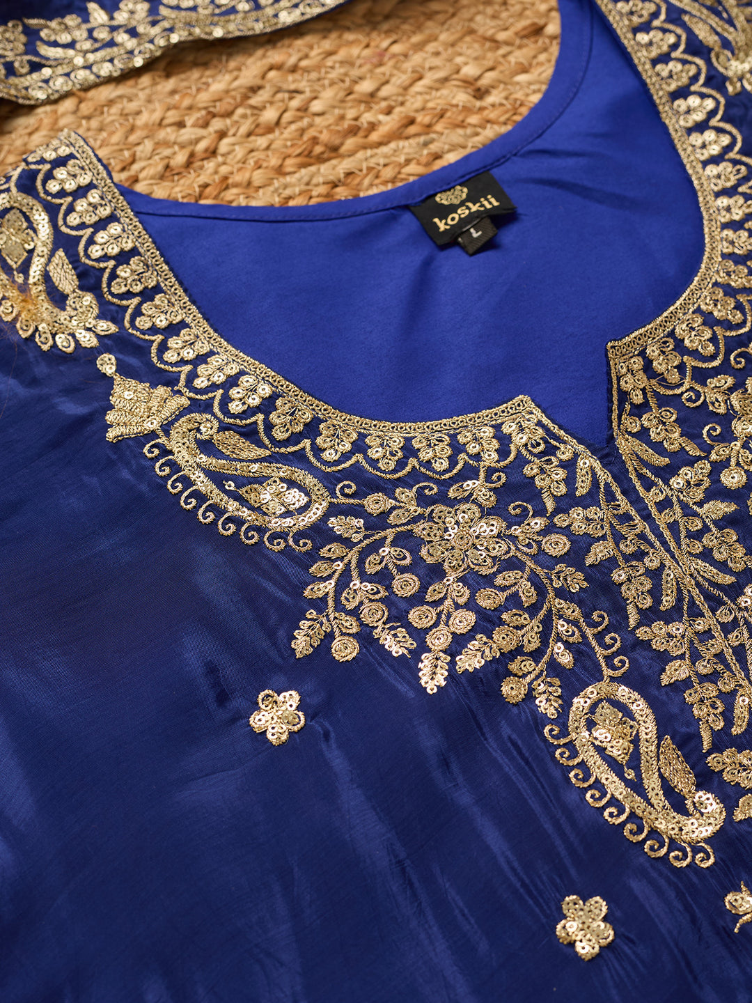 Royal Blue Crepe Sequins Straight Kurta With Sharara And Dupatta
