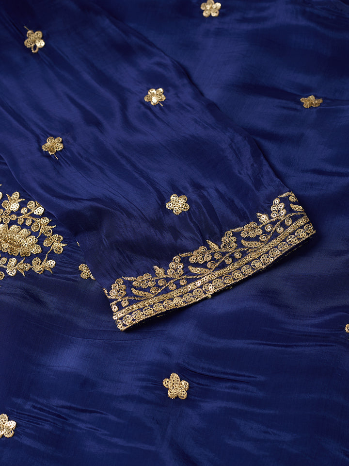 Royal Blue Crepe Sequins Straight Kurta With Sharara And Dupatta
