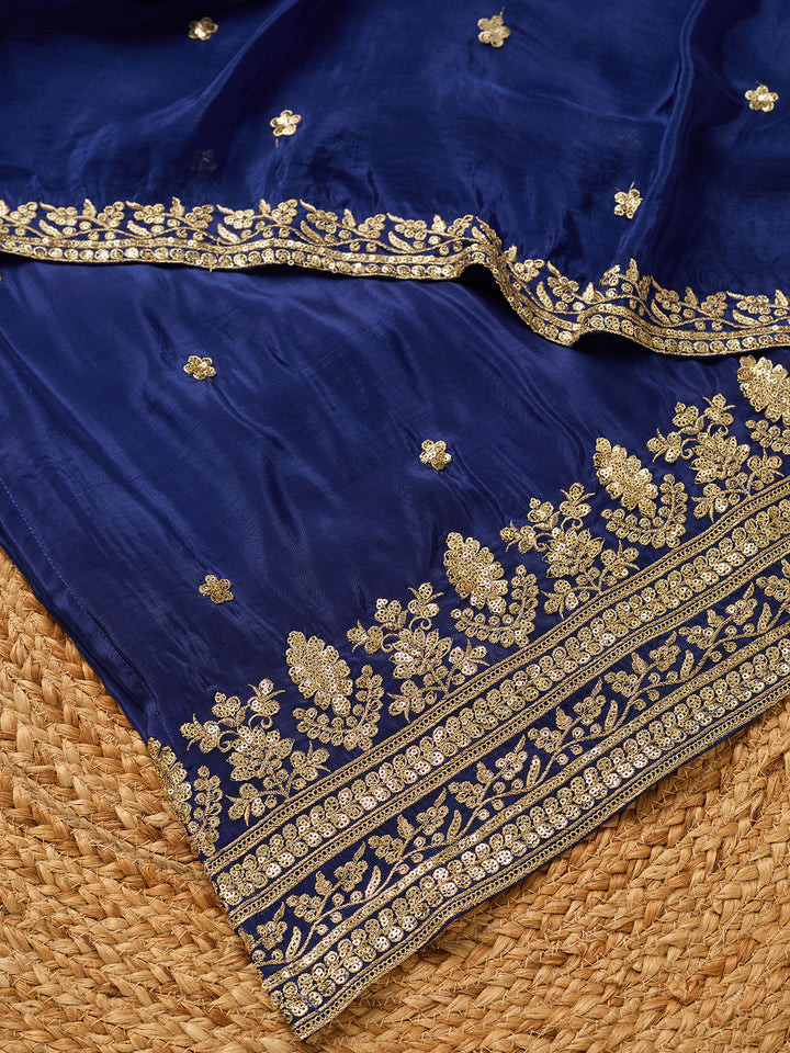 Royal Blue Crepe Sequins Straight Kurta With Sharara And Dupatta