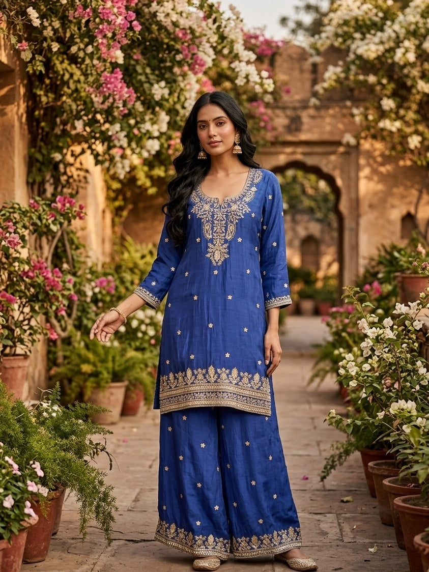 Royal Blue Crepe Sequins Straight Kurta With Sharara And Dupatta