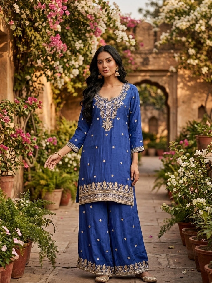 Royal Blue Crepe Sequins Straight Kurta With Sharara And Dupatta