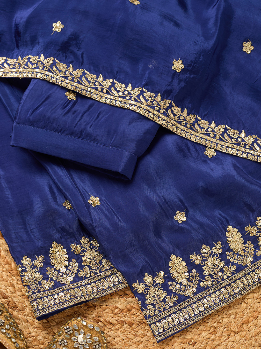 Royal Blue Crepe Sequins Straight Kurta With Sharara And Dupatta