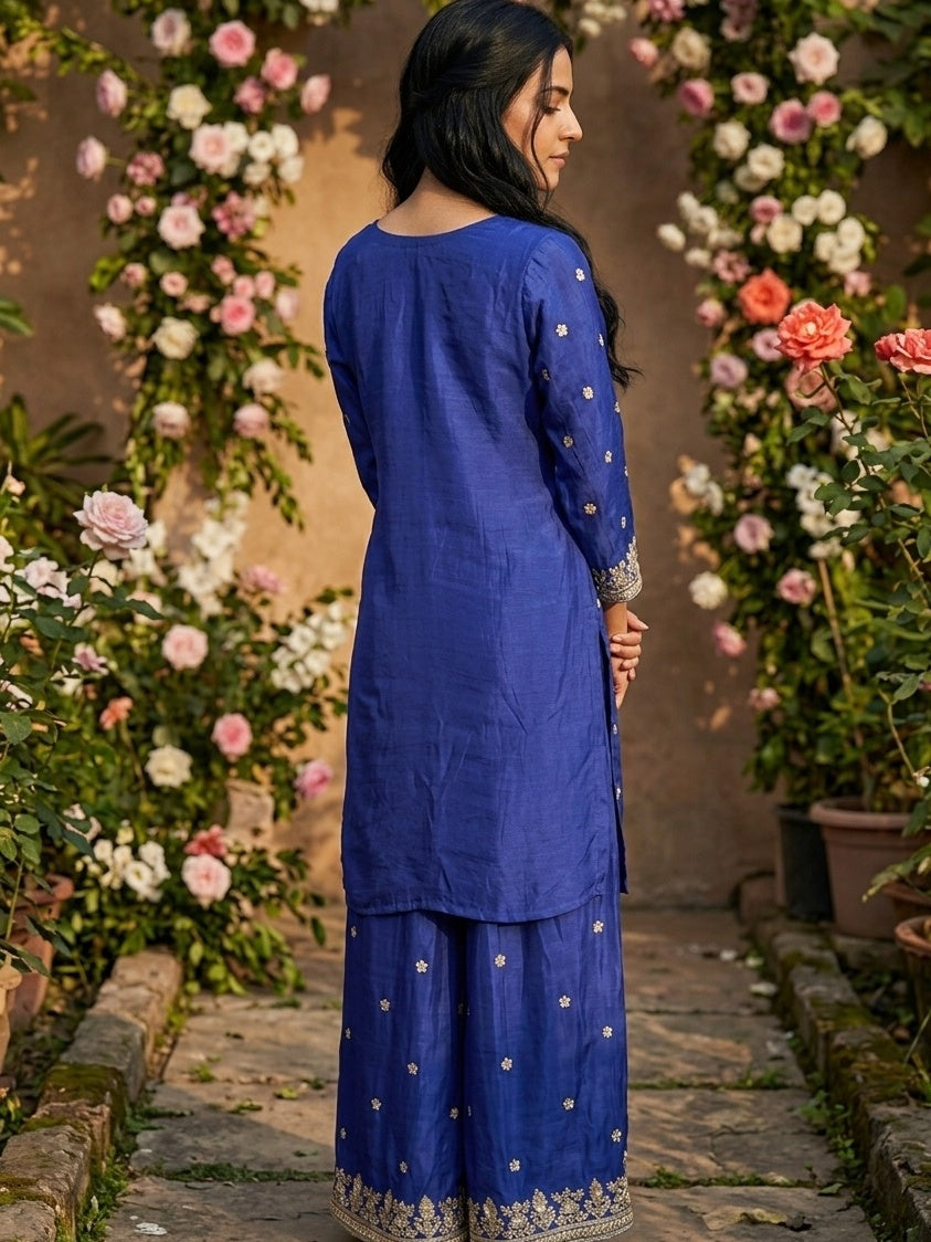 Royal Blue Crepe Sequins Straight Kurta With Sharara And Dupatta