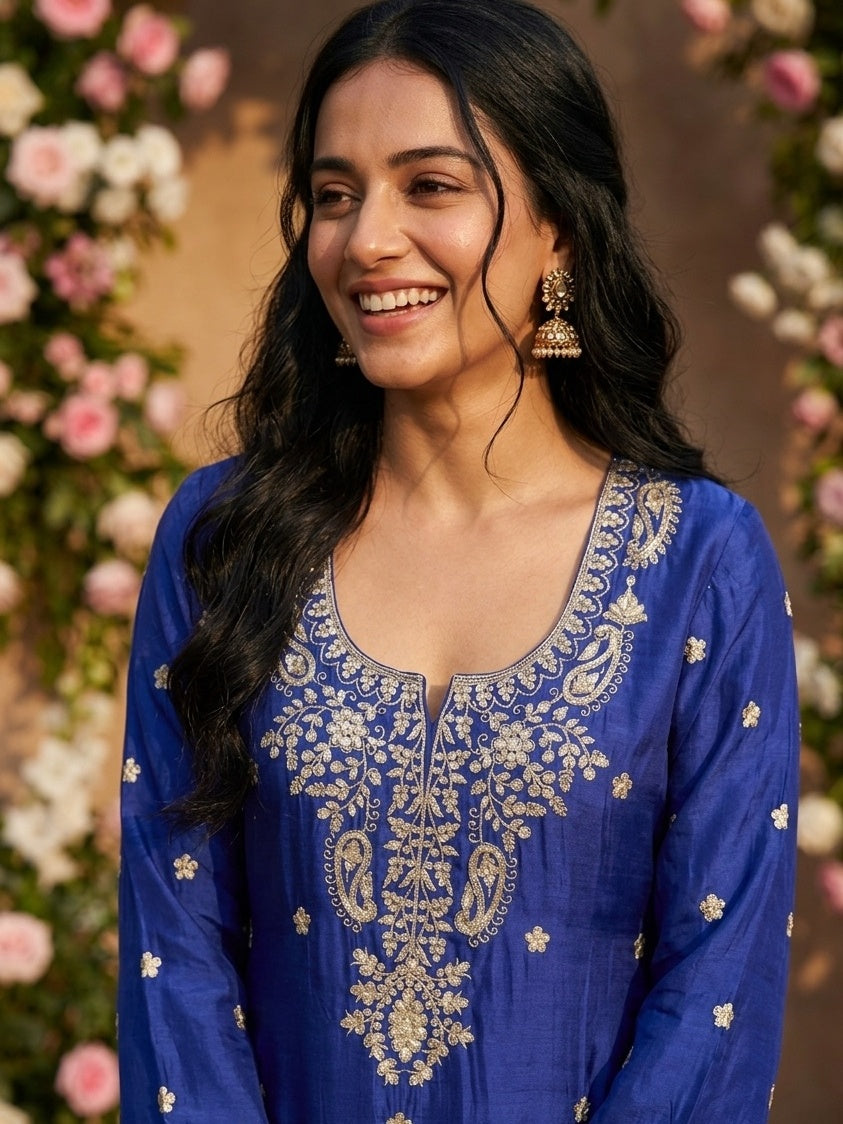 Royal Blue Crepe Sequins Straight Kurta With Sharara And Dupatta