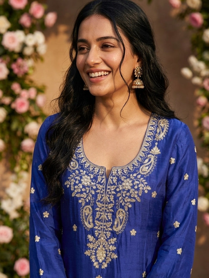 Royal Blue Crepe Sequins Straight Kurta With Sharara And Dupatta