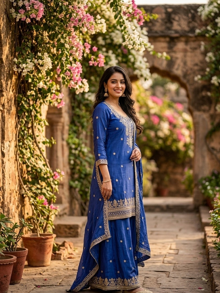 Royal Blue Crepe Sequins Straight Kurta With Sharara And Dupatta