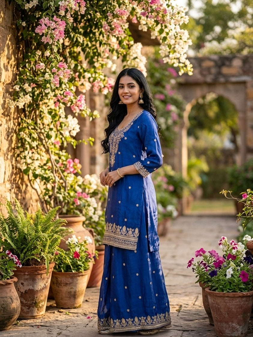 Royal Blue Crepe Sequins Straight Kurta With Sharara And Dupatta