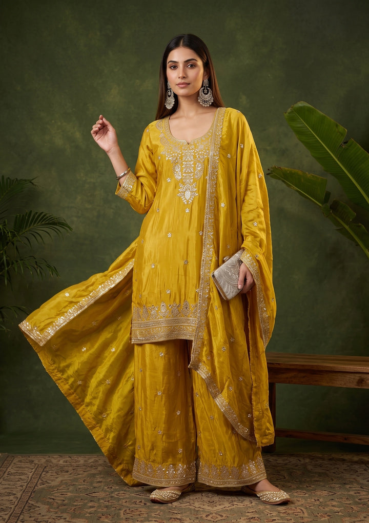 Yellow Crepe Sequins Straight Kurta With Sharara And Dupatta
