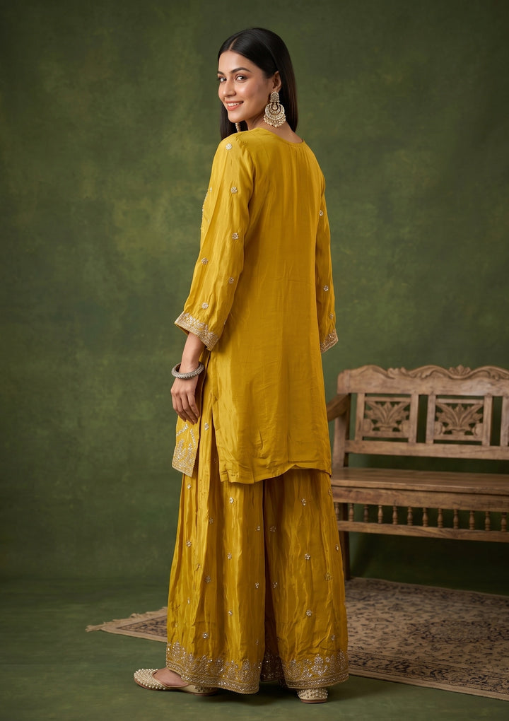 Yellow Crepe Sequins Straight Kurta With Sharara And Dupatta