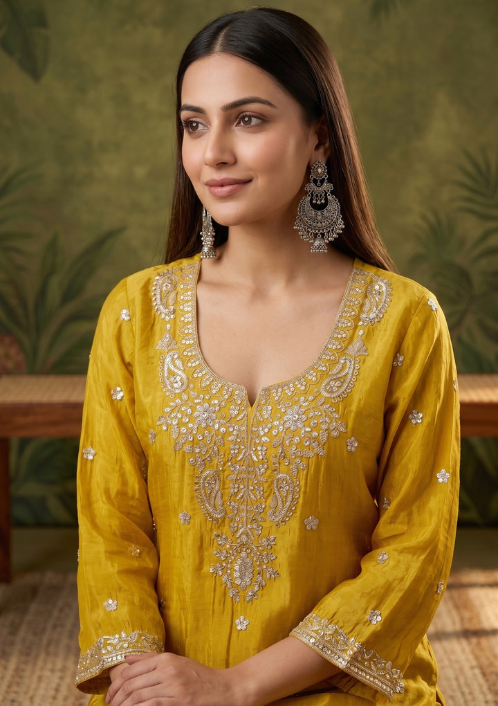 Yellow Crepe Sequins Straight Kurta With Sharara And Dupatta