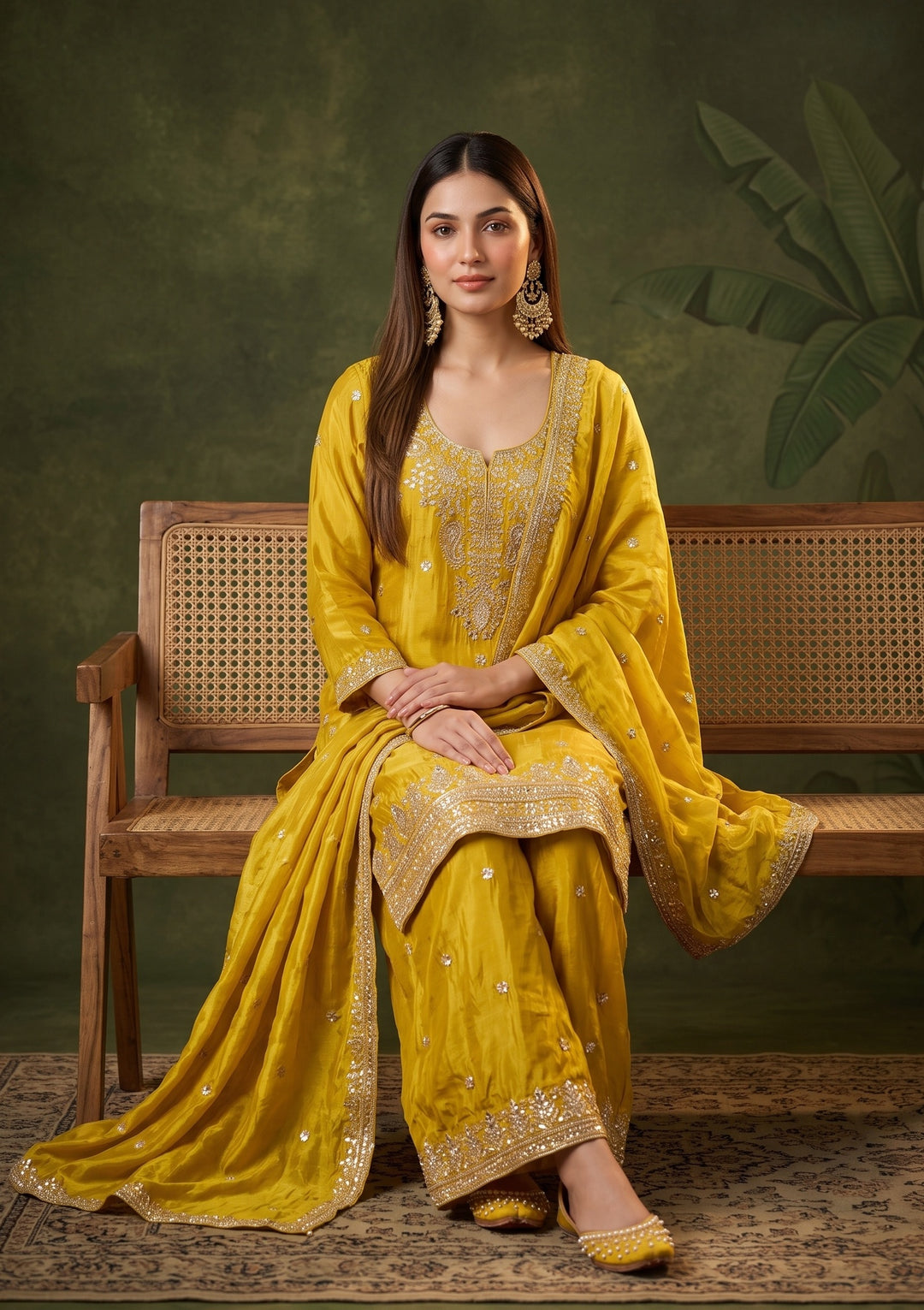 Yellow Crepe Sequins Straight Kurta With Sharara And Dupatta