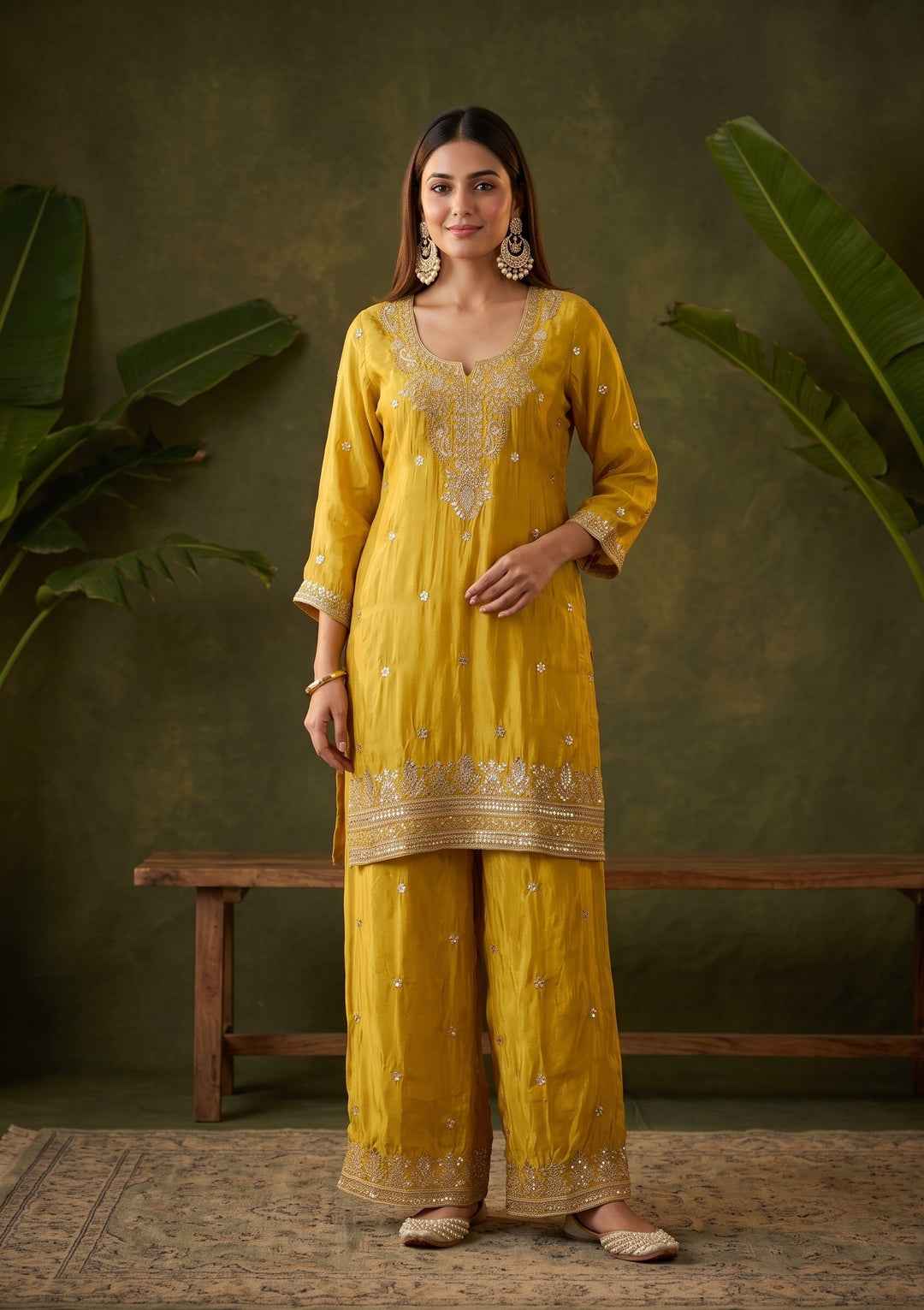 Yellow Crepe Sequins Straight Kurta With Sharara And Dupatta