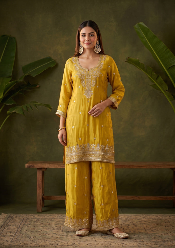 Yellow Crepe Sequins Straight Kurta With Sharara And Dupatta