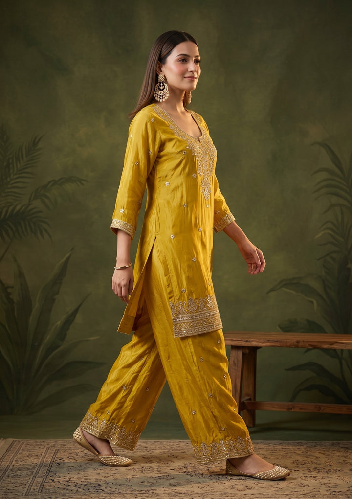 Yellow Crepe Sequins Straight Kurta With Sharara And Dupatta
