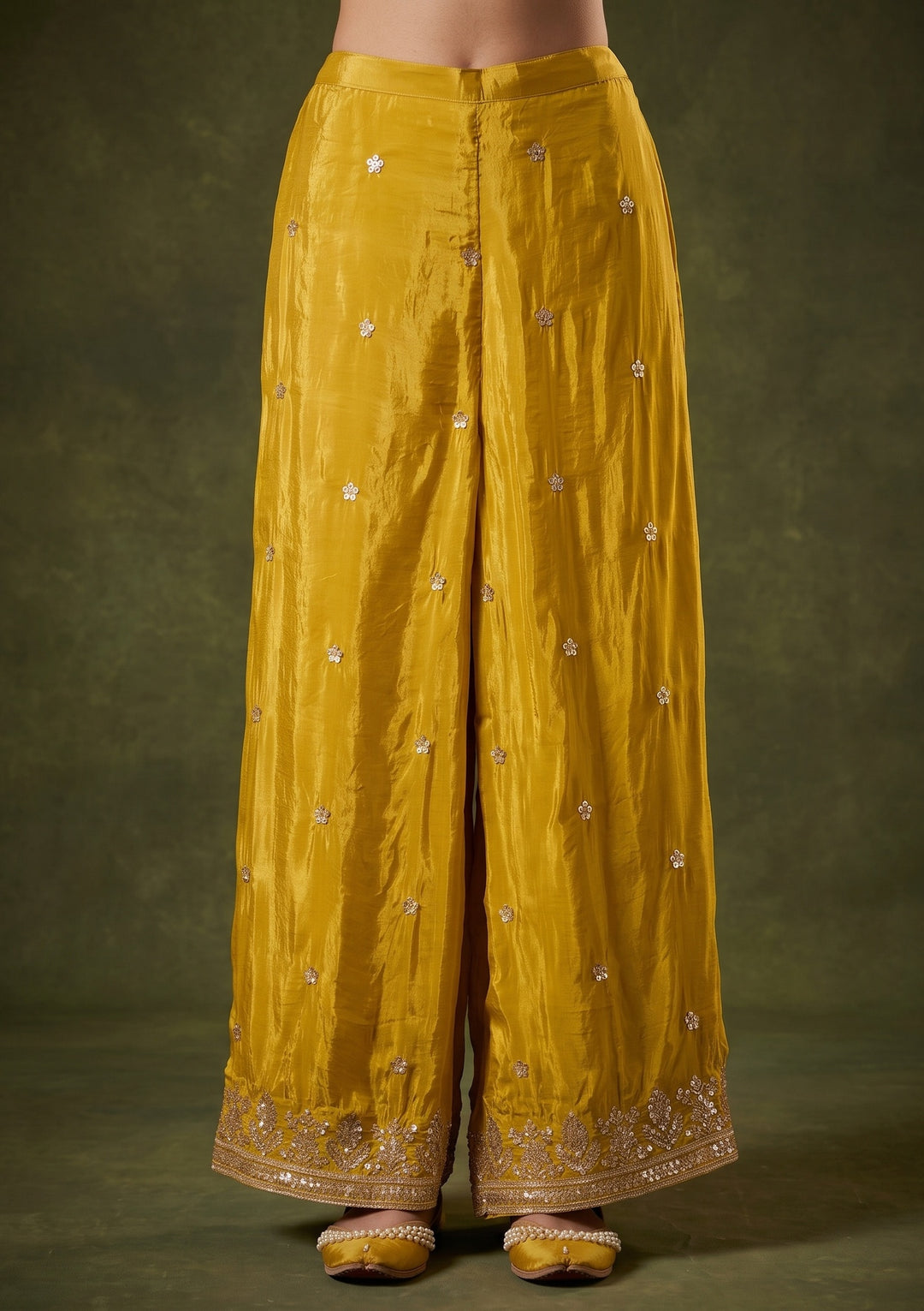 Yellow Crepe Sequins Straight Kurta With Sharara And Dupatta