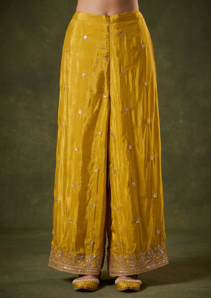 Yellow Crepe Sequins Straight Kurta With Sharara And Dupatta