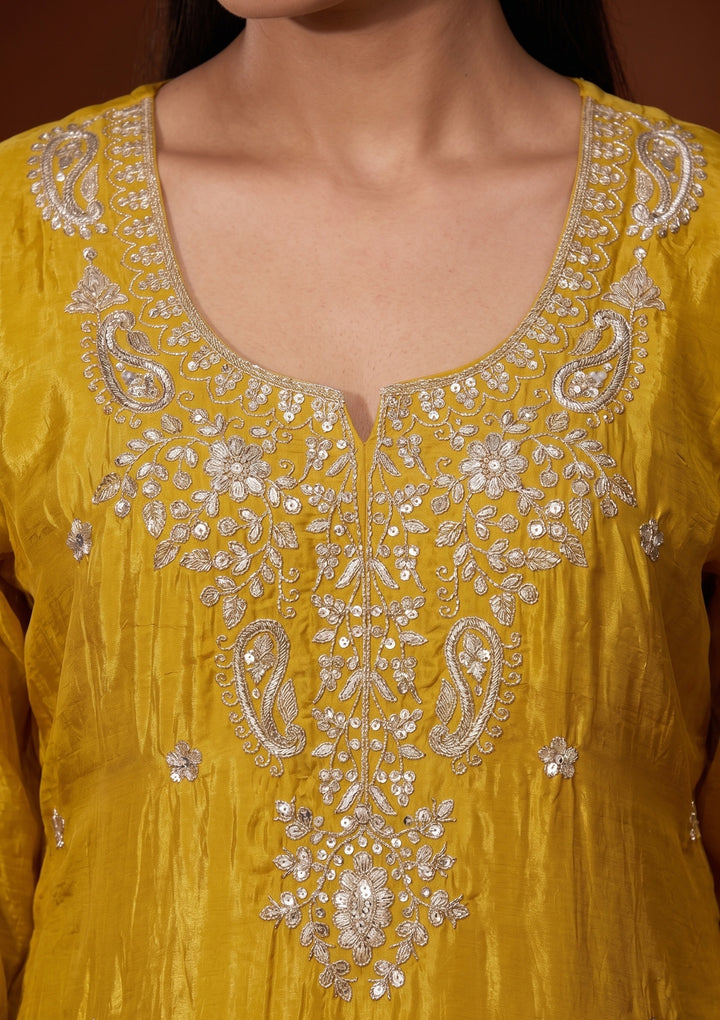 Yellow Crepe Sequins Straight Kurta With Sharara And Dupatta