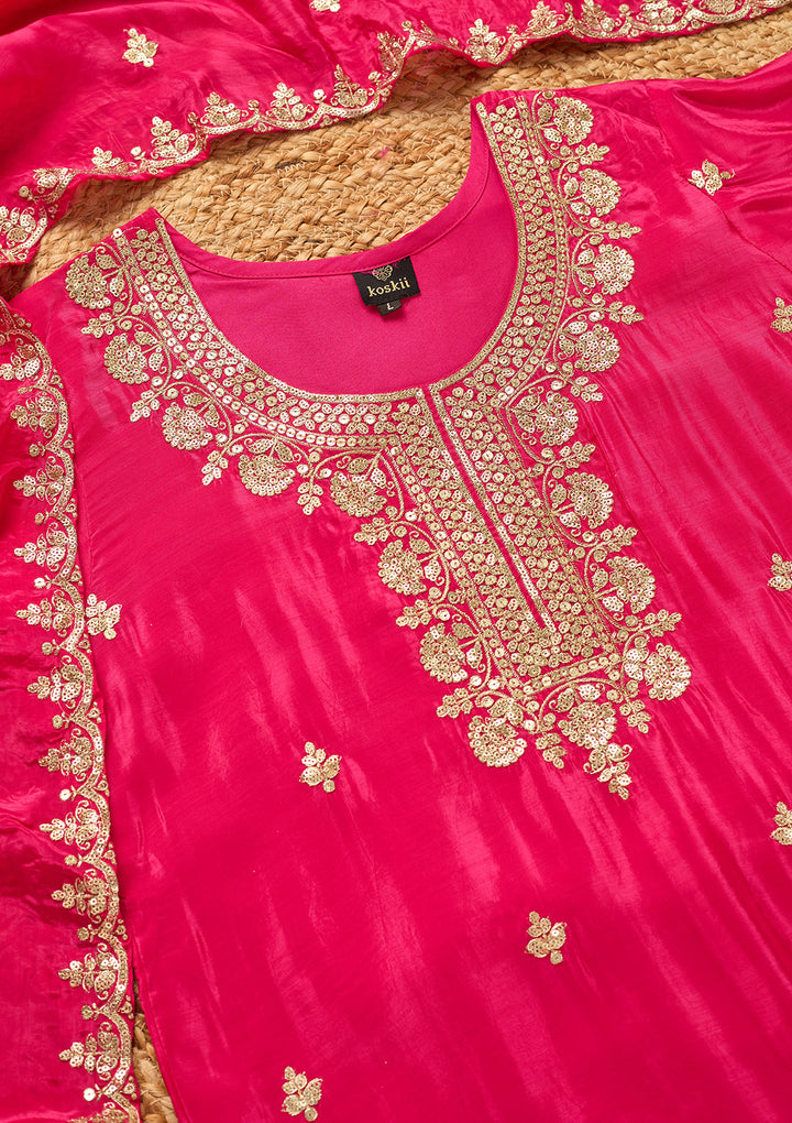 Magenta Pink Sequins Crepe Readymade Salwar Suit