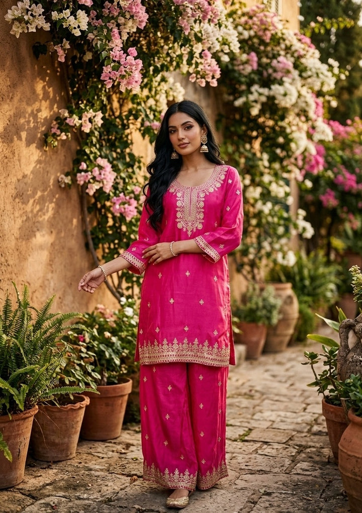 Magenta Pink Sequins Crepe Readymade Salwar Suit