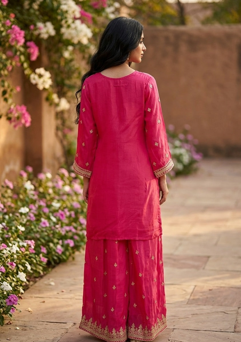 Magenta Pink Sequins Crepe Readymade Salwar Suit