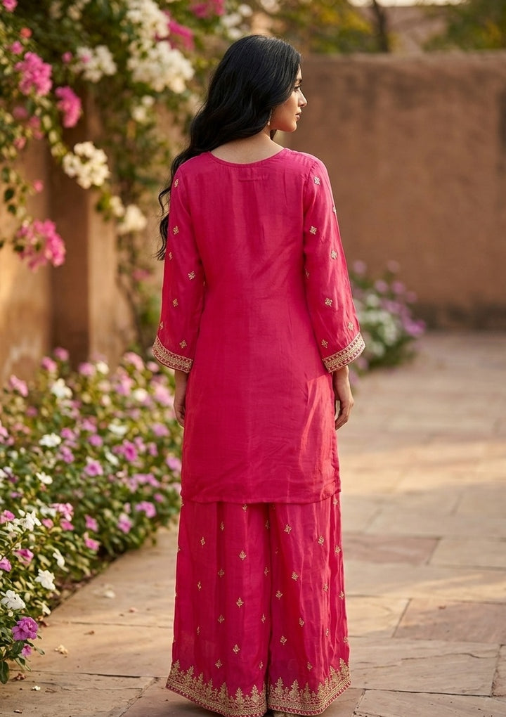 Magenta Pink Sequins Crepe Readymade Salwar Suit