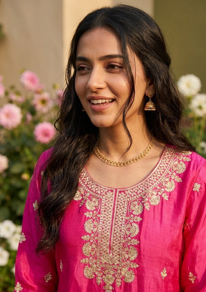 Magenta Pink Sequins Crepe Readymade Salwar Suit