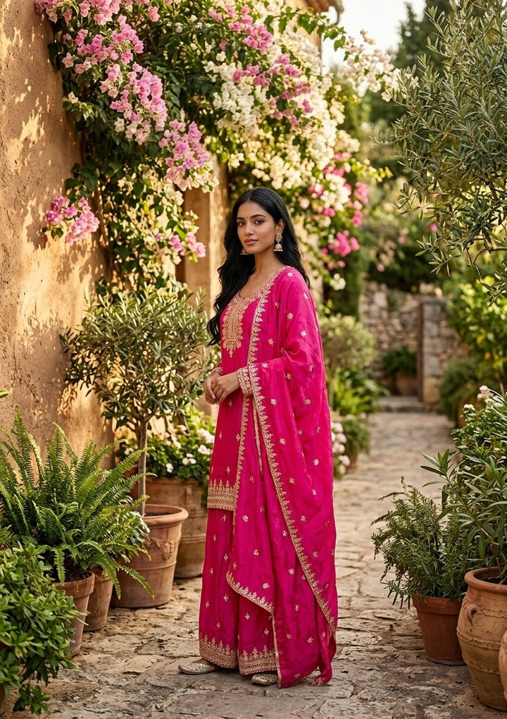 Magenta Pink Sequins Crepe Readymade Salwar Suit