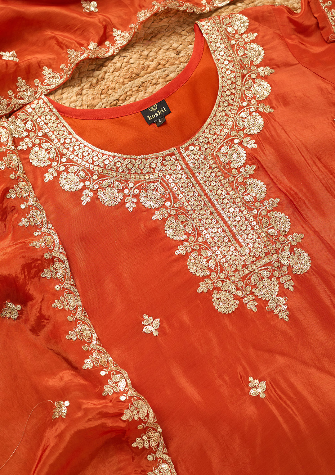 Rust Crepe Sequins Straight Kurta With Sharara And Dupatta