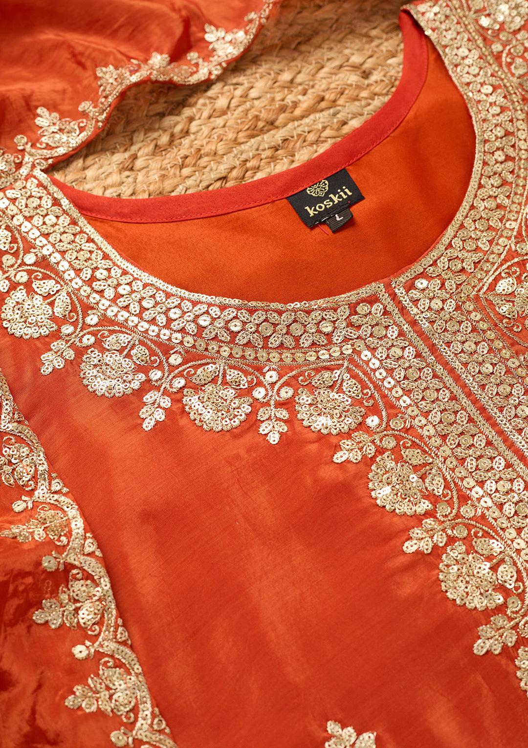 Rust Crepe Sequins Straight Kurta With Sharara And Dupatta