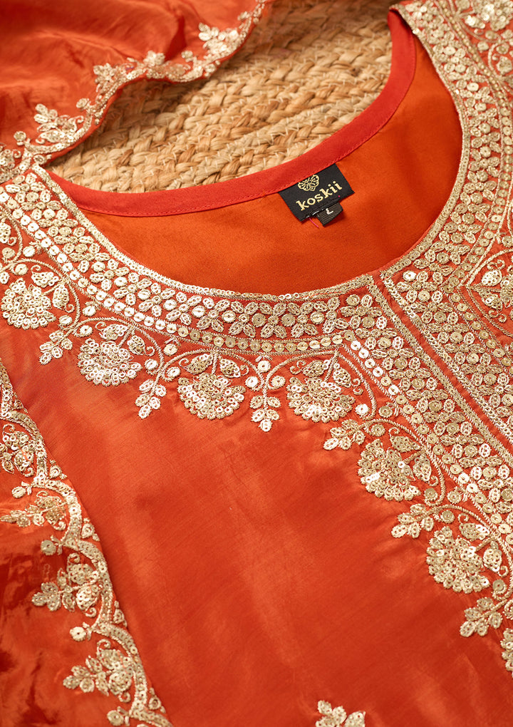 Rust Crepe Sequins Straight Kurta With Sharara And Dupatta