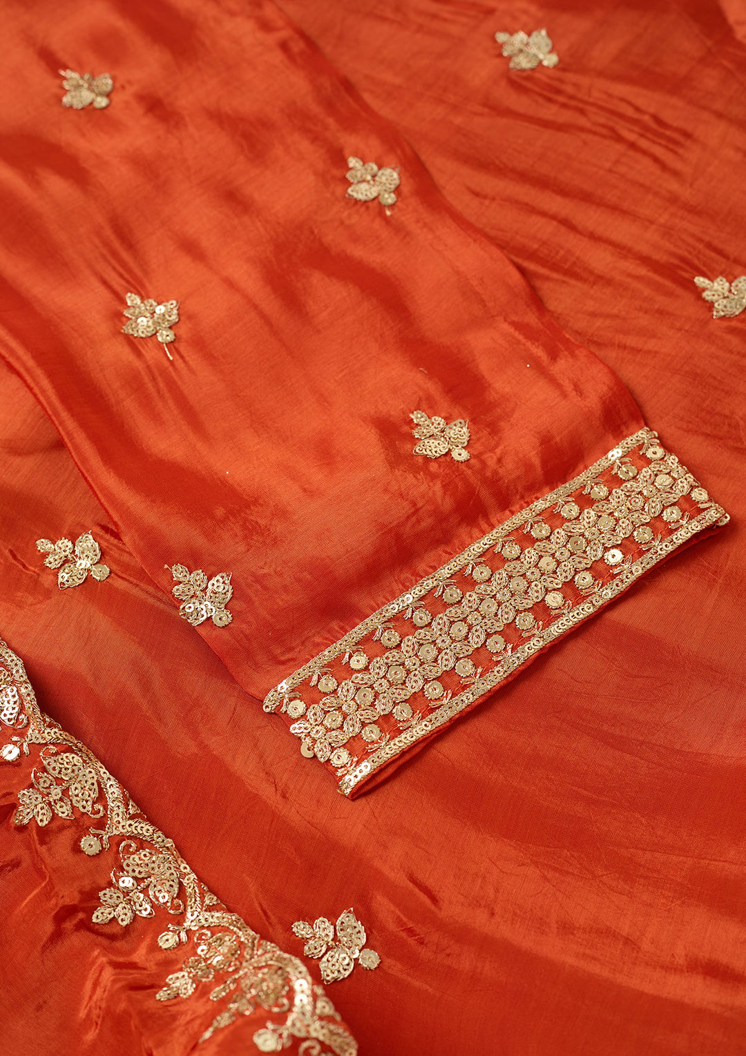 Rust Crepe Sequins Straight Kurta With Sharara And Dupatta