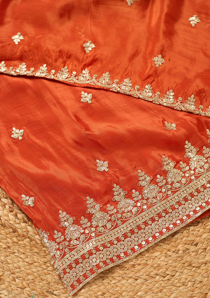Rust Crepe Sequins Straight Kurta With Sharara And Dupatta