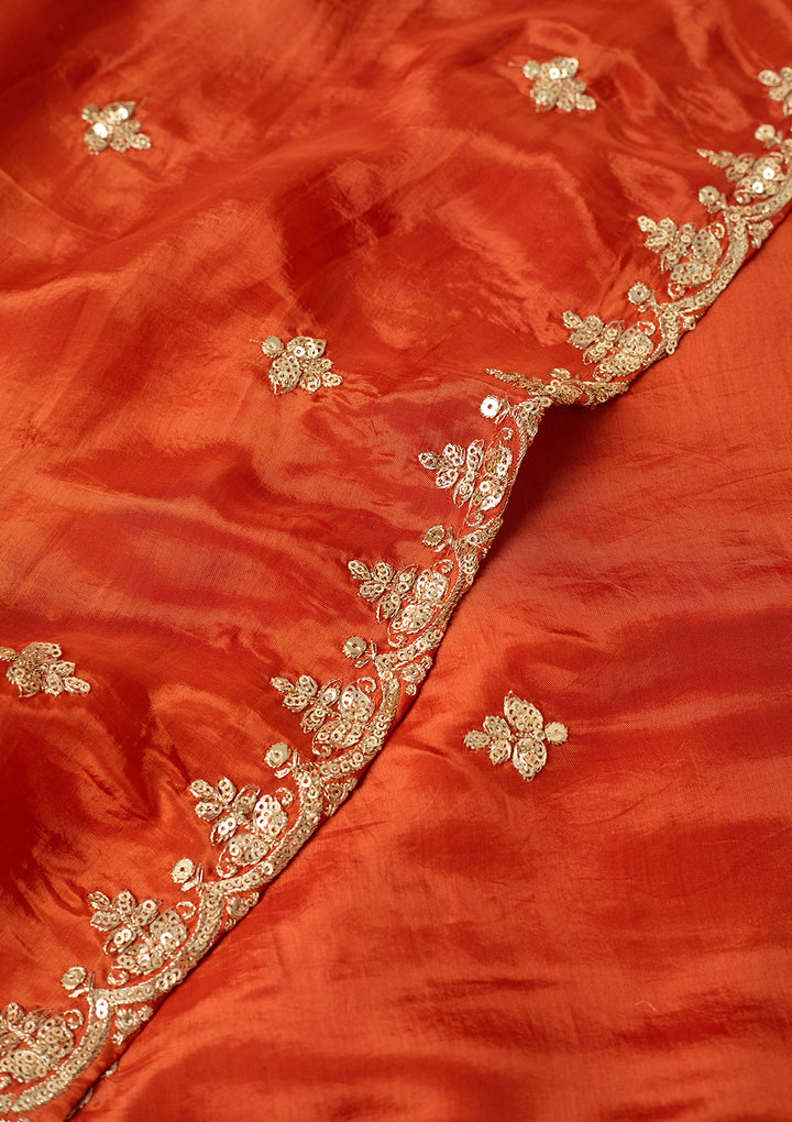 Rust Crepe Sequins Straight Kurta With Sharara And Dupatta