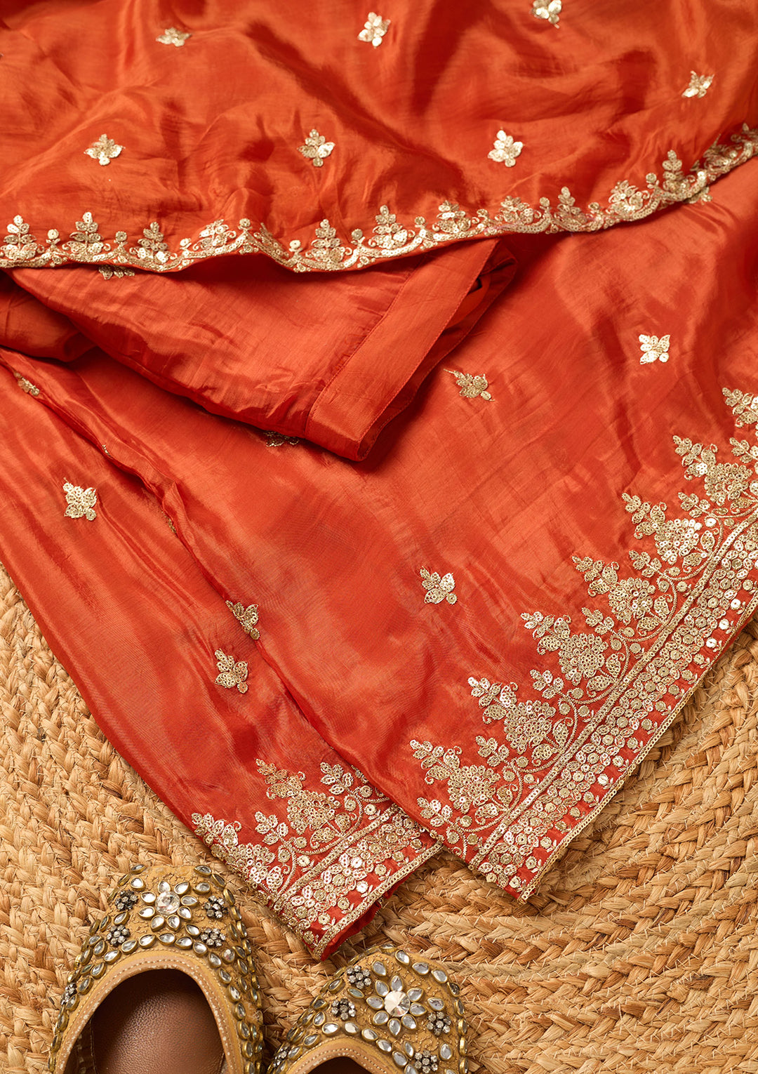Rust Crepe Sequins Straight Kurta With Sharara And Dupatta