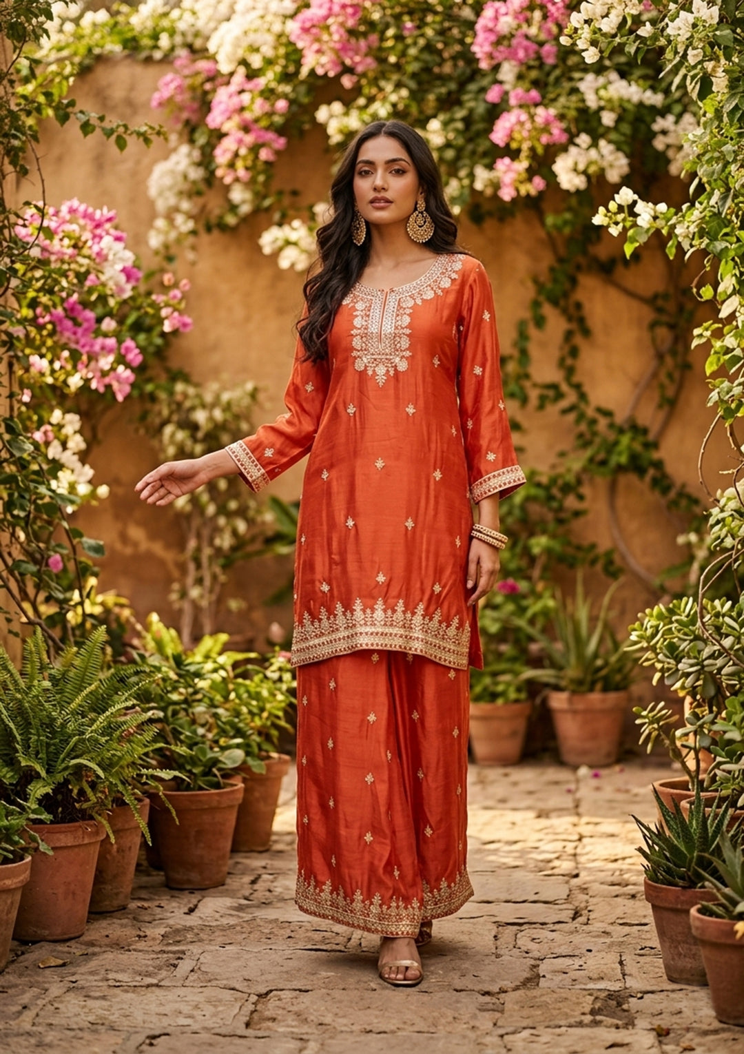 Rust Crepe Sequins Straight Kurta With Sharara And Dupatta