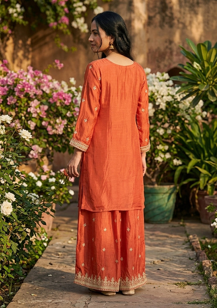 Rust Crepe Sequins Straight Kurta With Sharara And Dupatta