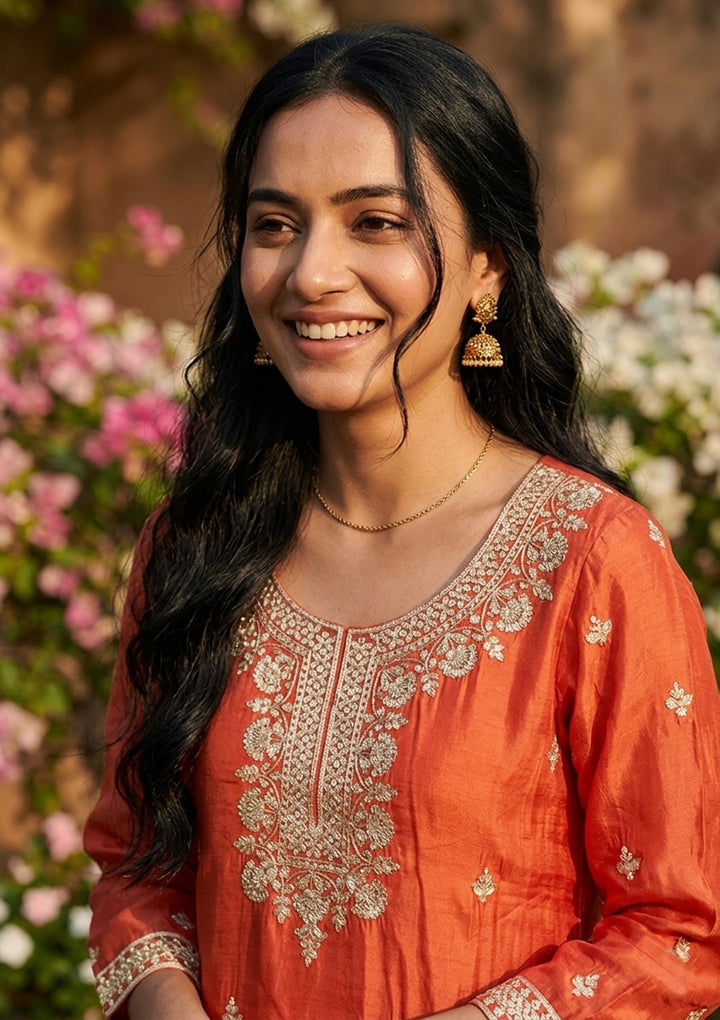 Rust Crepe Sequins Straight Kurta With Sharara And Dupatta
