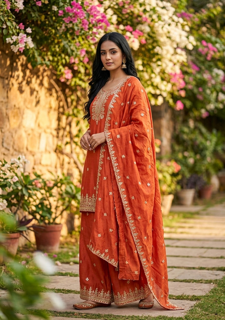 Rust Crepe Sequins Straight Kurta With Sharara And Dupatta