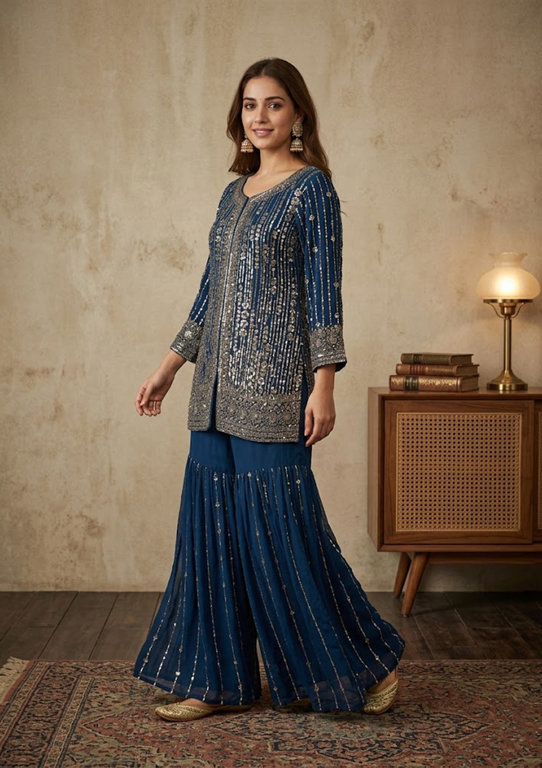 Navy Blue Georgette Cutdana Straight Kurta With Sharara And Dupatta