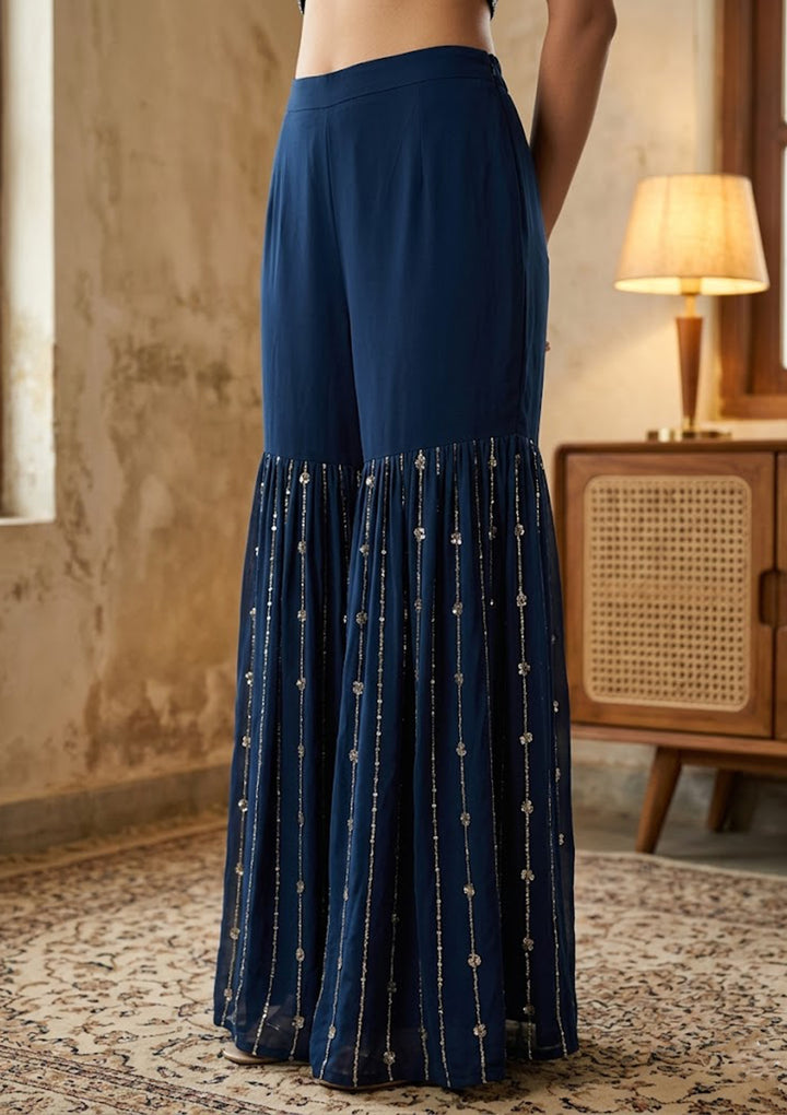 Navy Blue Georgette Cutdana Straight Kurta With Sharara And Dupatta