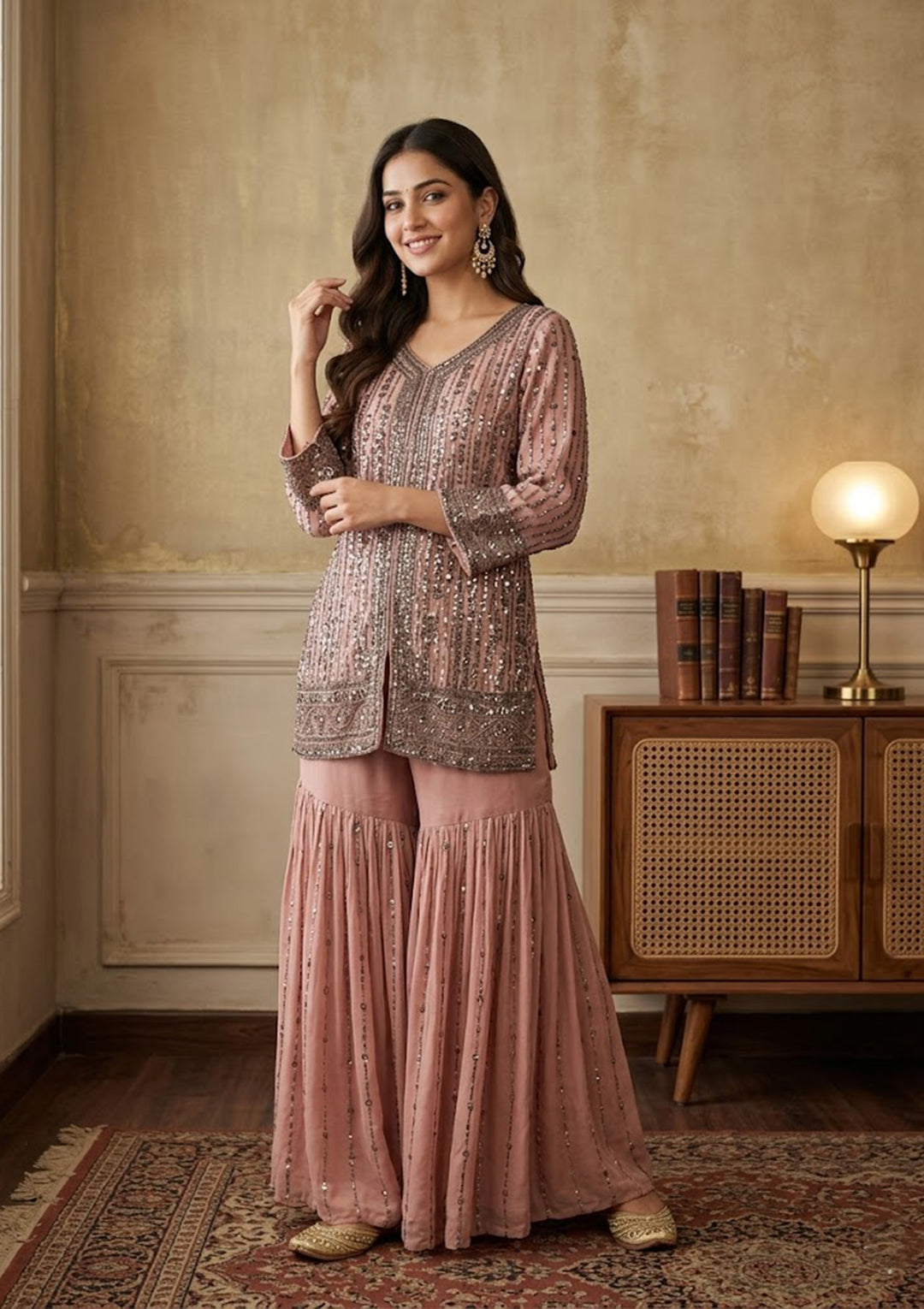 Peach Georgette Cutdana Straight Kurta With Sharara And Dupatta