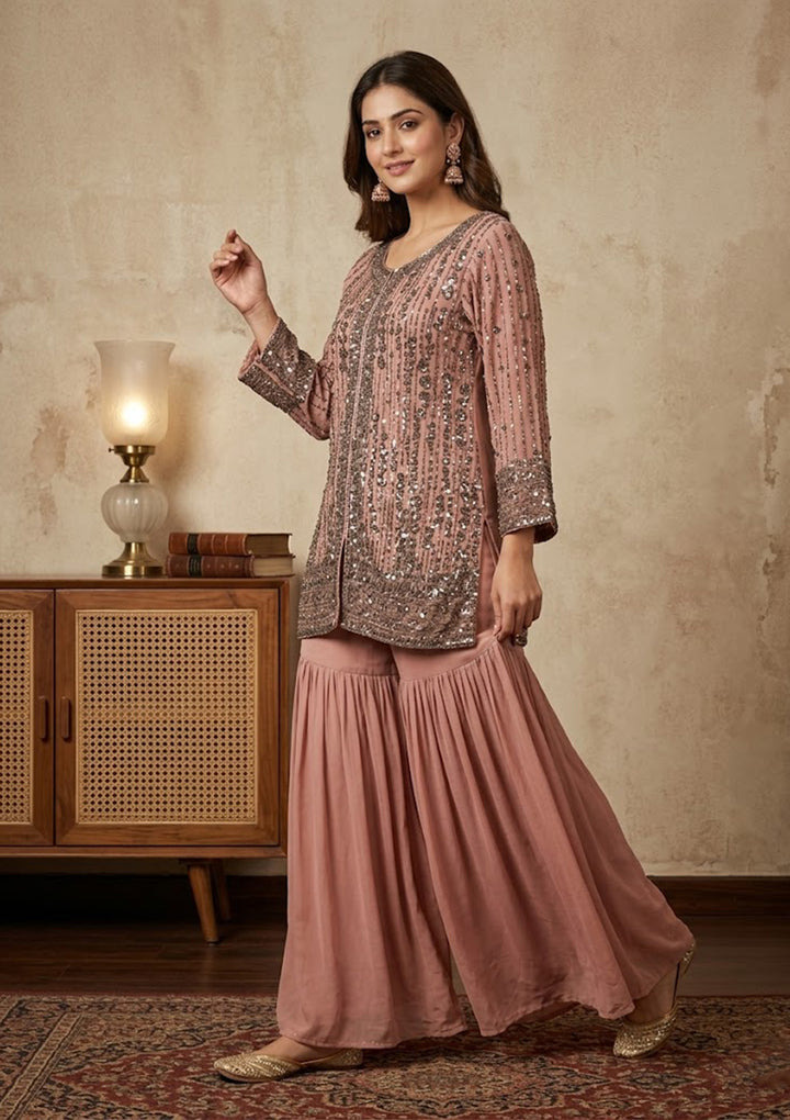 Peach Georgette Cutdana Straight Kurta With Sharara And Dupatta