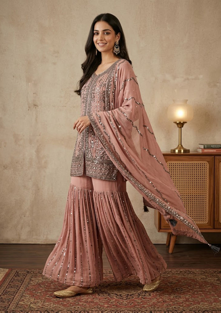 Peach Georgette Cutdana Straight Kurta With Sharara And Dupatta