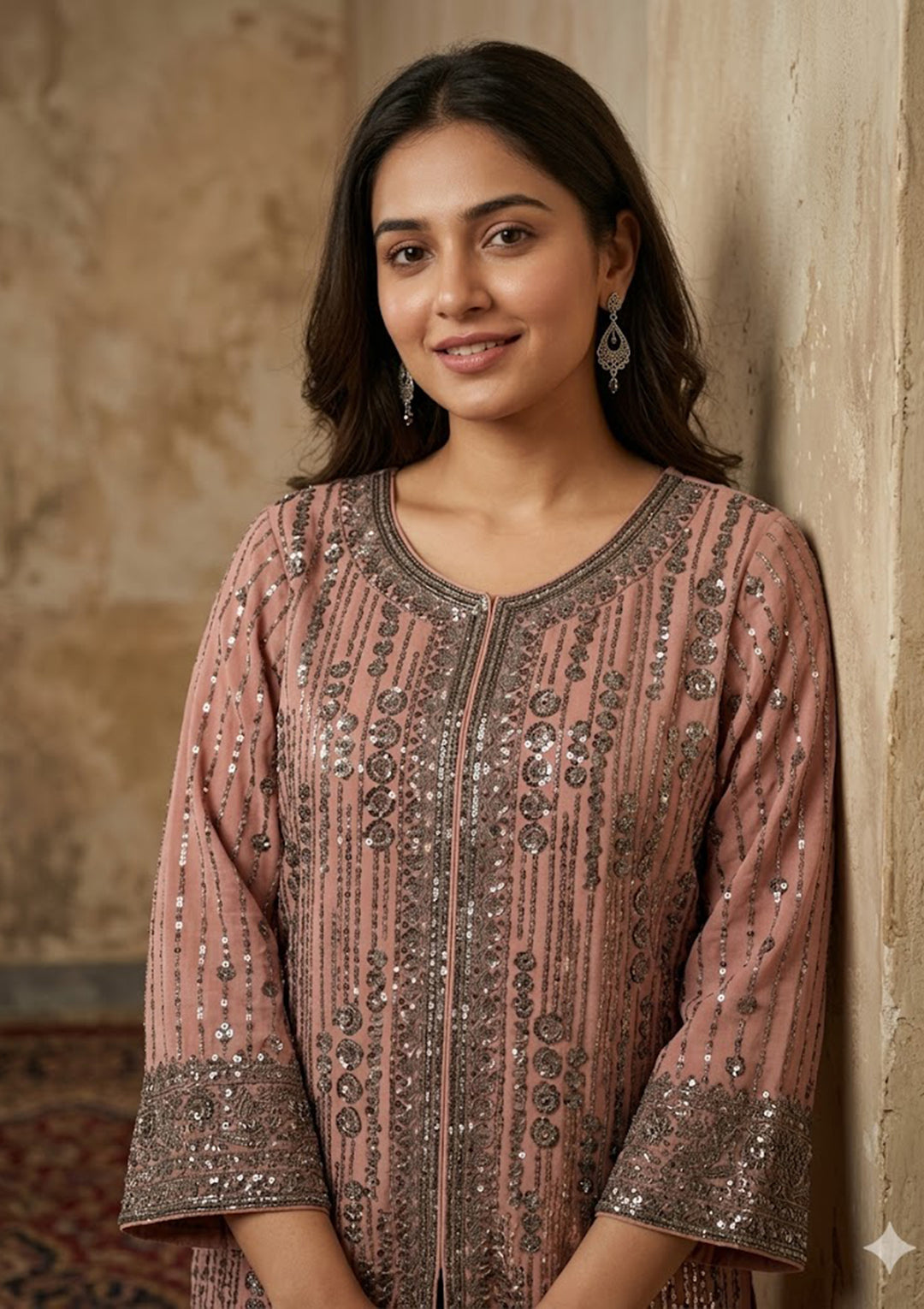 Peach Georgette Cutdana Straight Kurta With Sharara And Dupatta