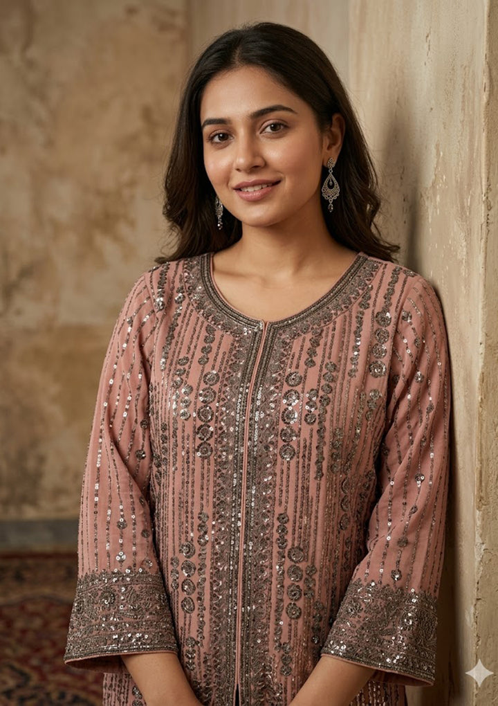 Peach Georgette Cutdana Straight Kurta With Sharara And Dupatta