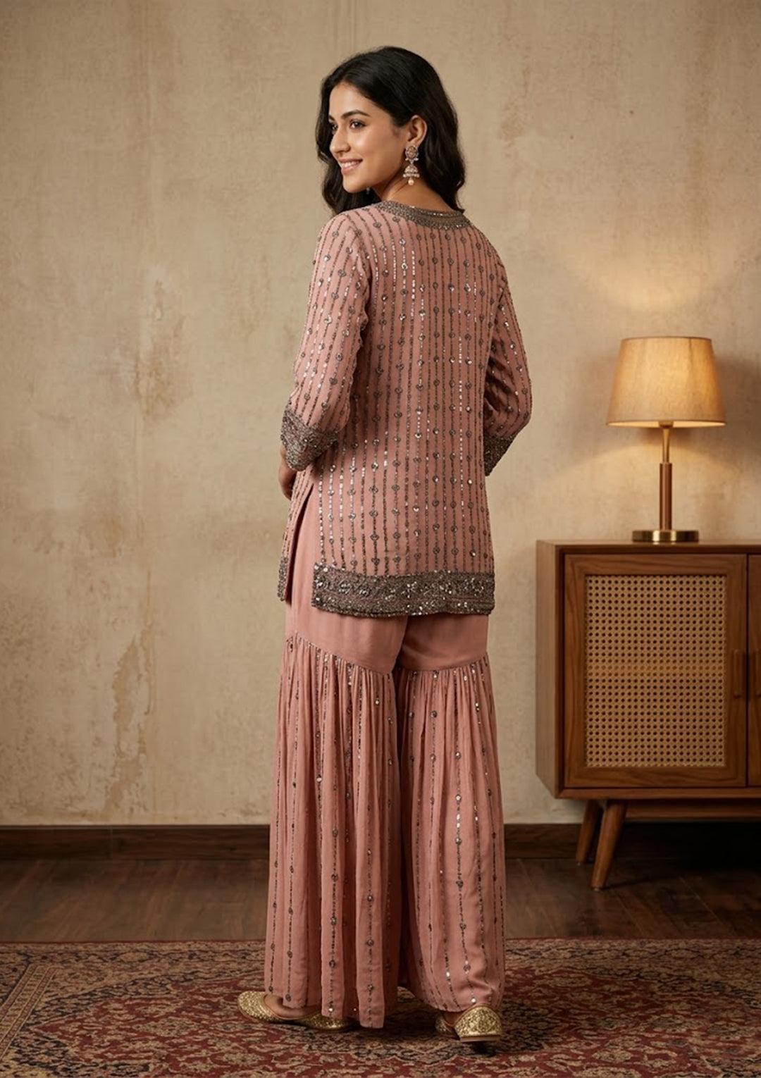 Peach Georgette Cutdana Straight Kurta With Sharara And Dupatta